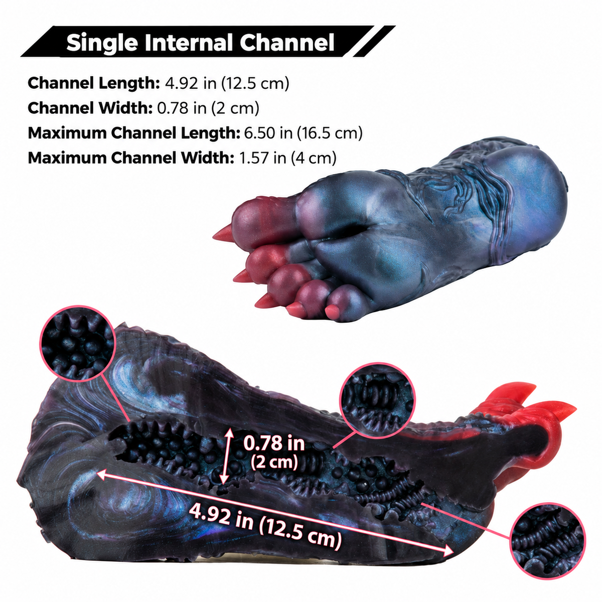 US channel dimension infographic illustrating texture and inch-first interior measurements for the dragon claw masturbator