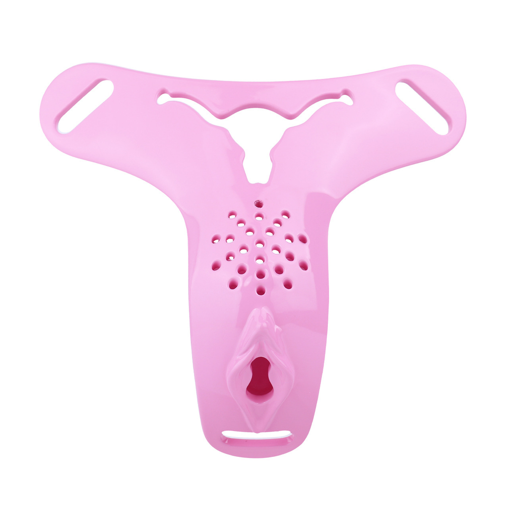 Pink sculpted ABS feminine-style crotch panel alone, on a white background