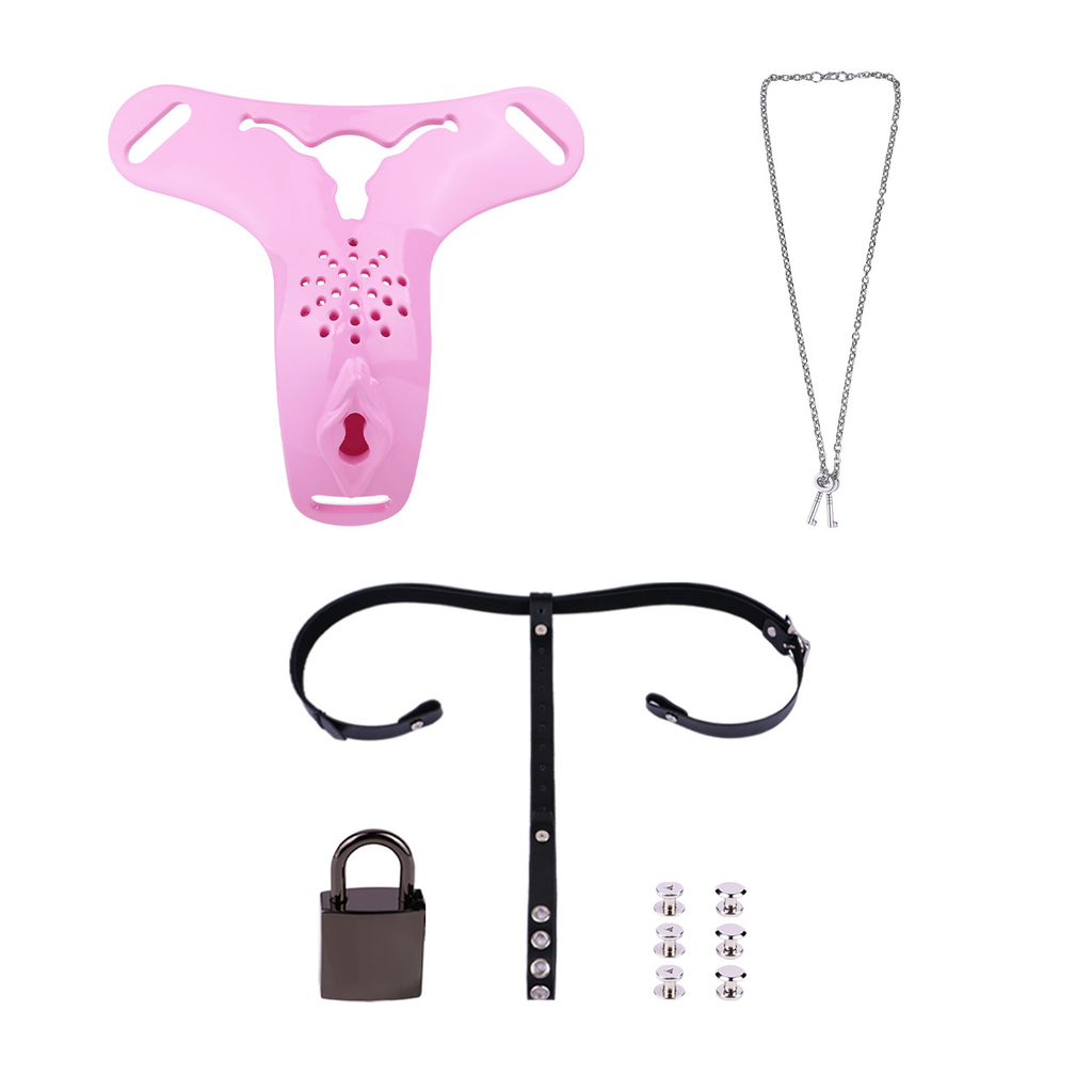 Pink molded panel and black locking waist belt hardware with padlock and key set