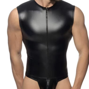 Men's Wet-Look Zip-Front Thong Bodysuit