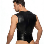 Rear view of black wet-look sleeveless bodysuit showing smooth back and high-cut thong fit