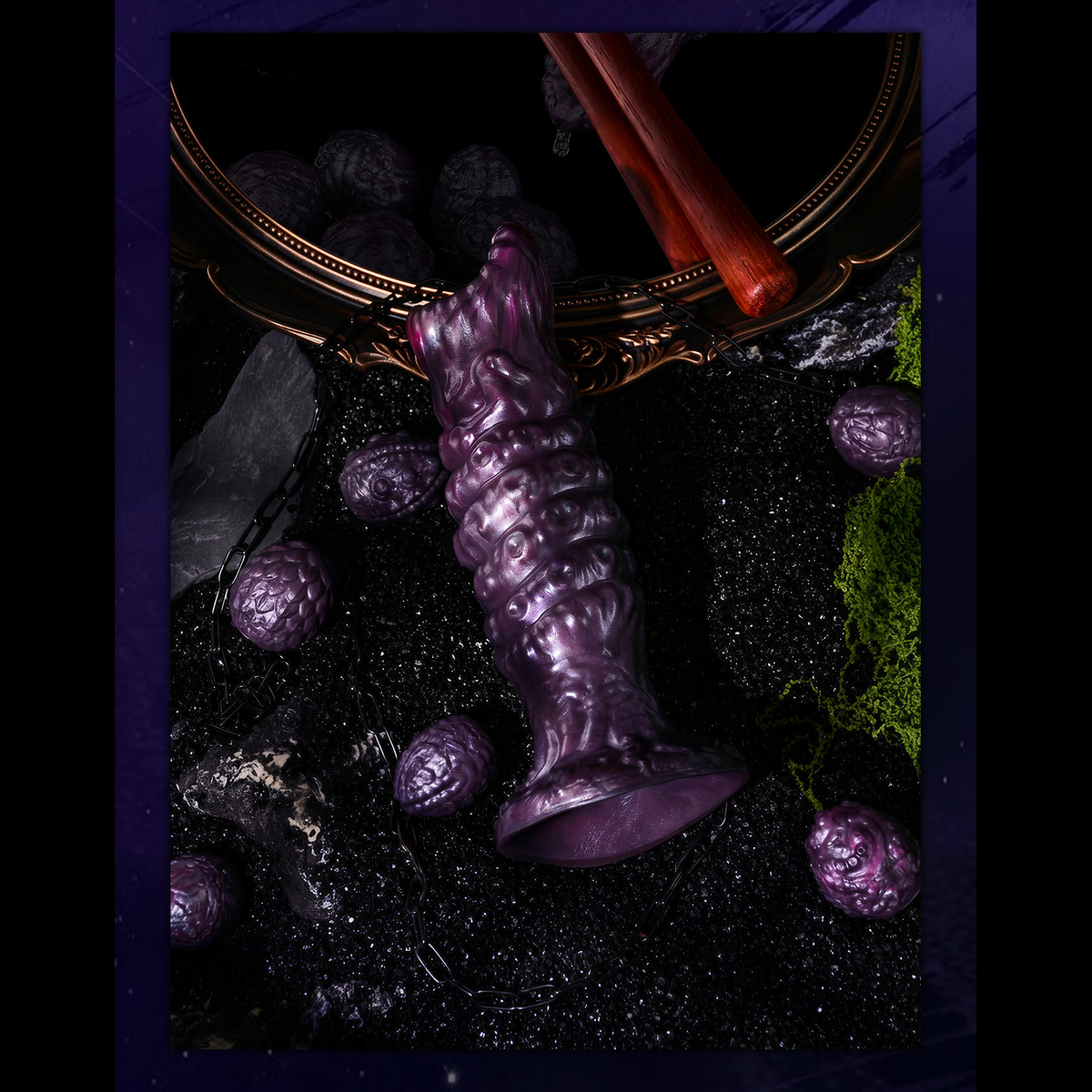 Detailed view of purple fantasy ovipositor's raised sculpted texture and flared base on black background