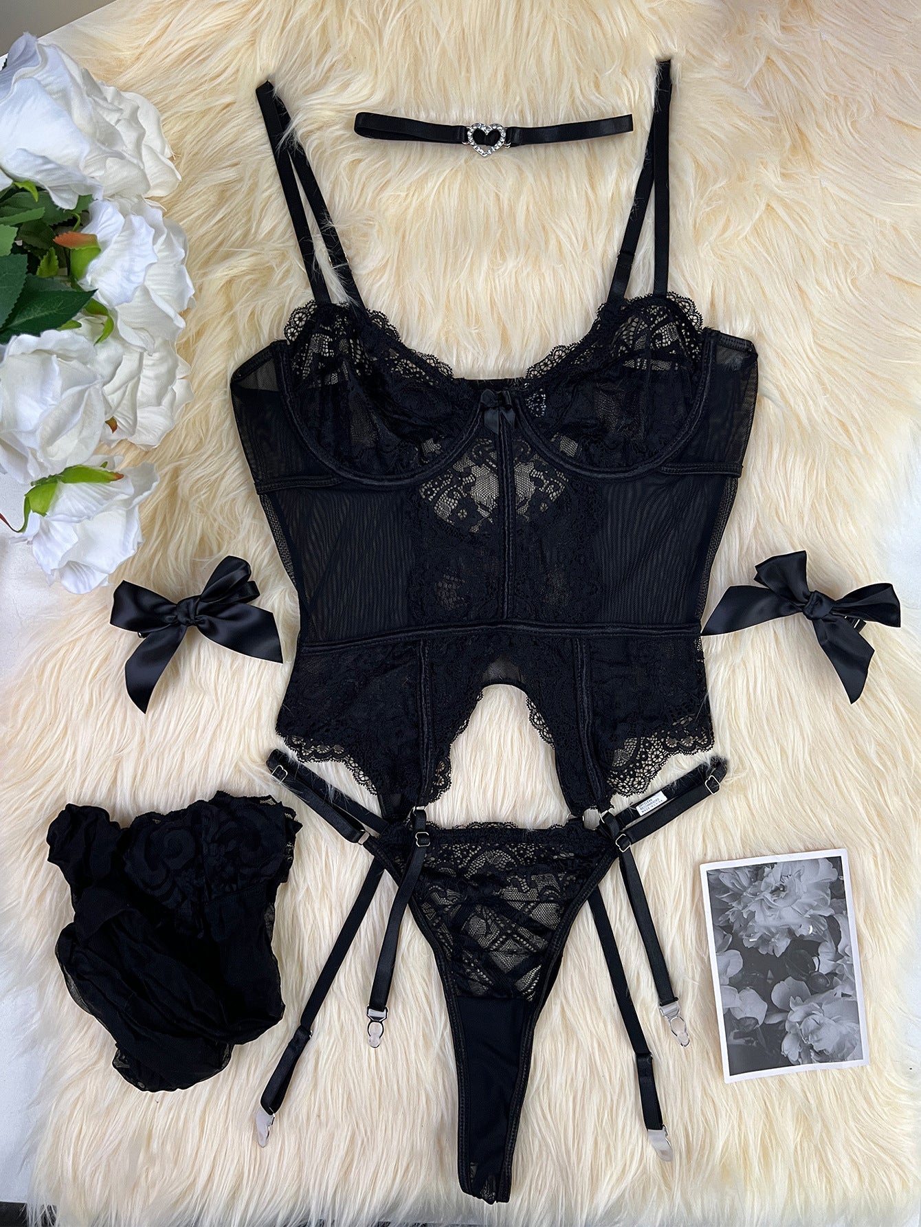 Women's Sexy Flora Lace Lingerie Garter Belt black autual photo