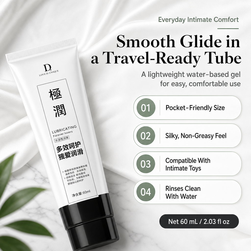 Water-Based Lubricant 60ml by Lovers Unique in white travel tube - silky non-greasy, pocket-friendly, intimate toy compatible gel that rinses clean with water.