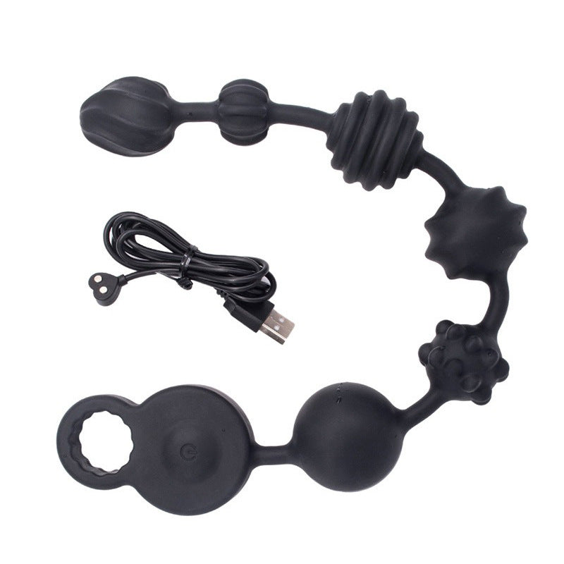 10-Mode Vibrating Anal Beads: black silicone anal beads with varying textures and USB charging cable.