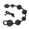 10-Mode Vibrating Anal Beads: black silicone anal beads with varying textures and USB charging cable.