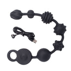 10-Mode Vibrating Anal Beads: black silicone anal beads with varying textures and USB charging cable.