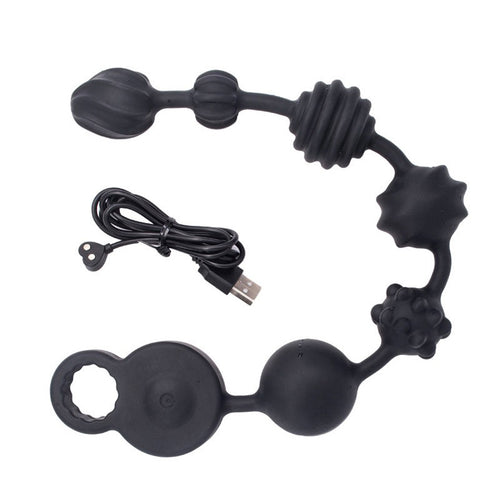10-Mode Vibrating Anal Beads: black silicone anal beads with varying textures and USB charging cable.