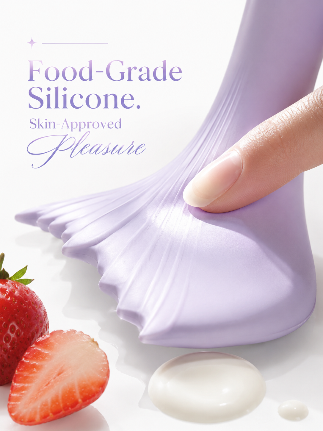 Mermaid Flapping Vibrator with food-grade silicone showcasing a playful tail design and strawberry for sensory pleasure.