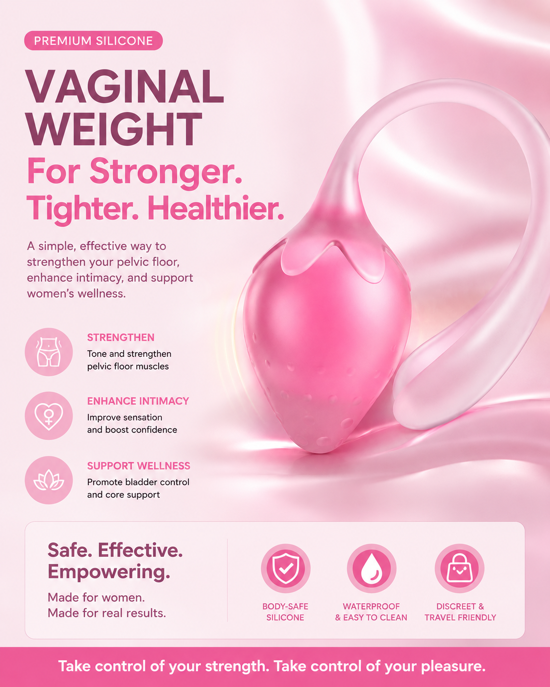 strawberry kegel balls -Medical silicone pelvic floor trainer with product features on pink layout