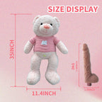 Plush Teddy Bear Pillow Thrusting Dildo with size display measurements, cute design and dimensions of 35 inches and 11.4 inches.