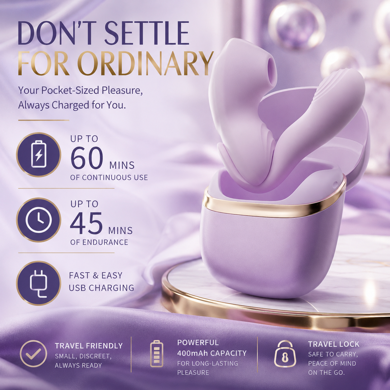 Detachable Suction app Vibrator showcasing its portable charging case and key features, including 60 mins use.
