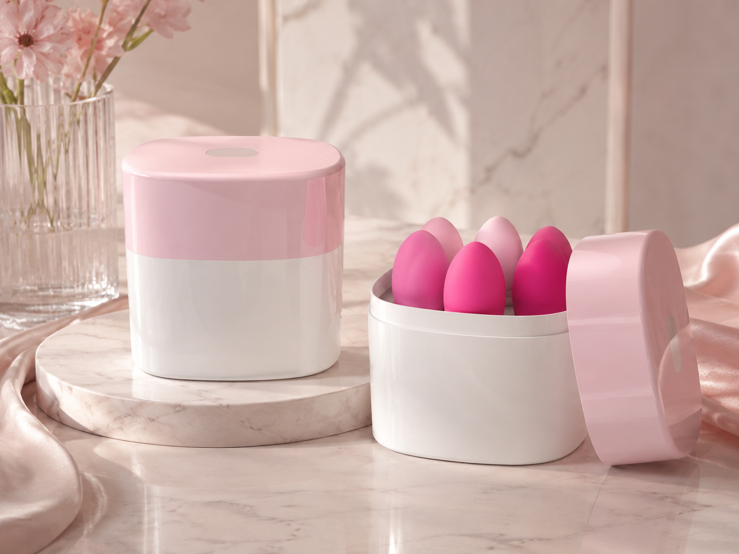 Pink Kegel training ball set displayed beside storage case