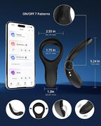 App Vibrating Penis Ring with music sync features, dimensions, and control options displayed on smartphone.