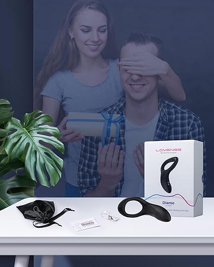App Vibrating Penis Ring and prostate massager by Lovense on a table, with a couple in the background.