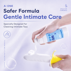 A-ONE Gentle Intimate Care foaming cleanser bottle for cleaning intimate toys, featuring a safer formula and easy dispensing.