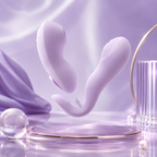 Detachable Suction app Vibrator displayed in elegant purple setting with glossy surface and soft background.