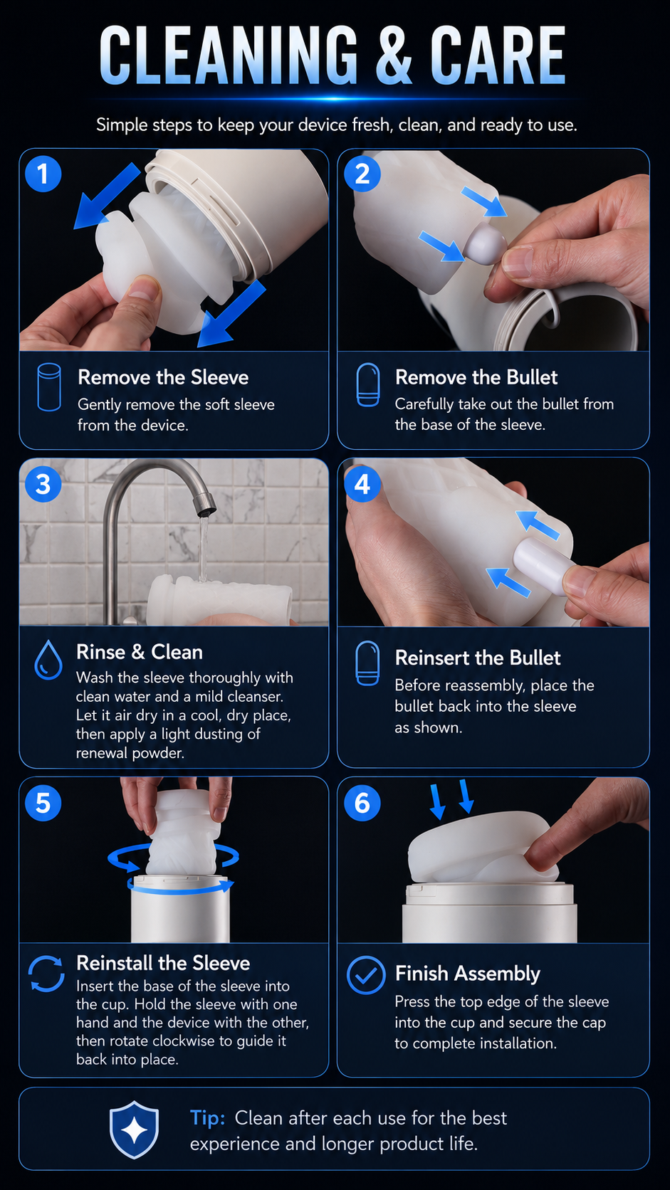 IPX7 male masturbator maintenance guide with cleaning safety and charging precautions