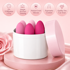 Pink Kegel balls in storage case with care feature icons
