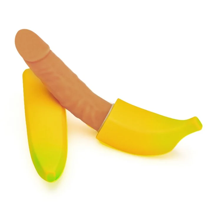 Yellow banana-shaped vibrator with realistic silicone dildo revealed