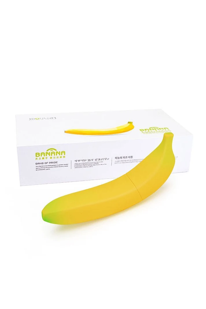 Banana-shaped vibrator displayed with its retail packaging