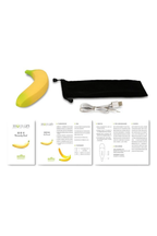 Banana vibrator kit with USB charging cable, storage pouch and instruction manual