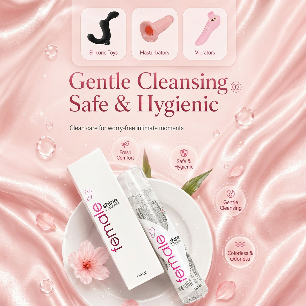 Gentle Sex Toy Cleaner 120ml displayed among silicone toys, masturbators, and vibrators on a pink background.