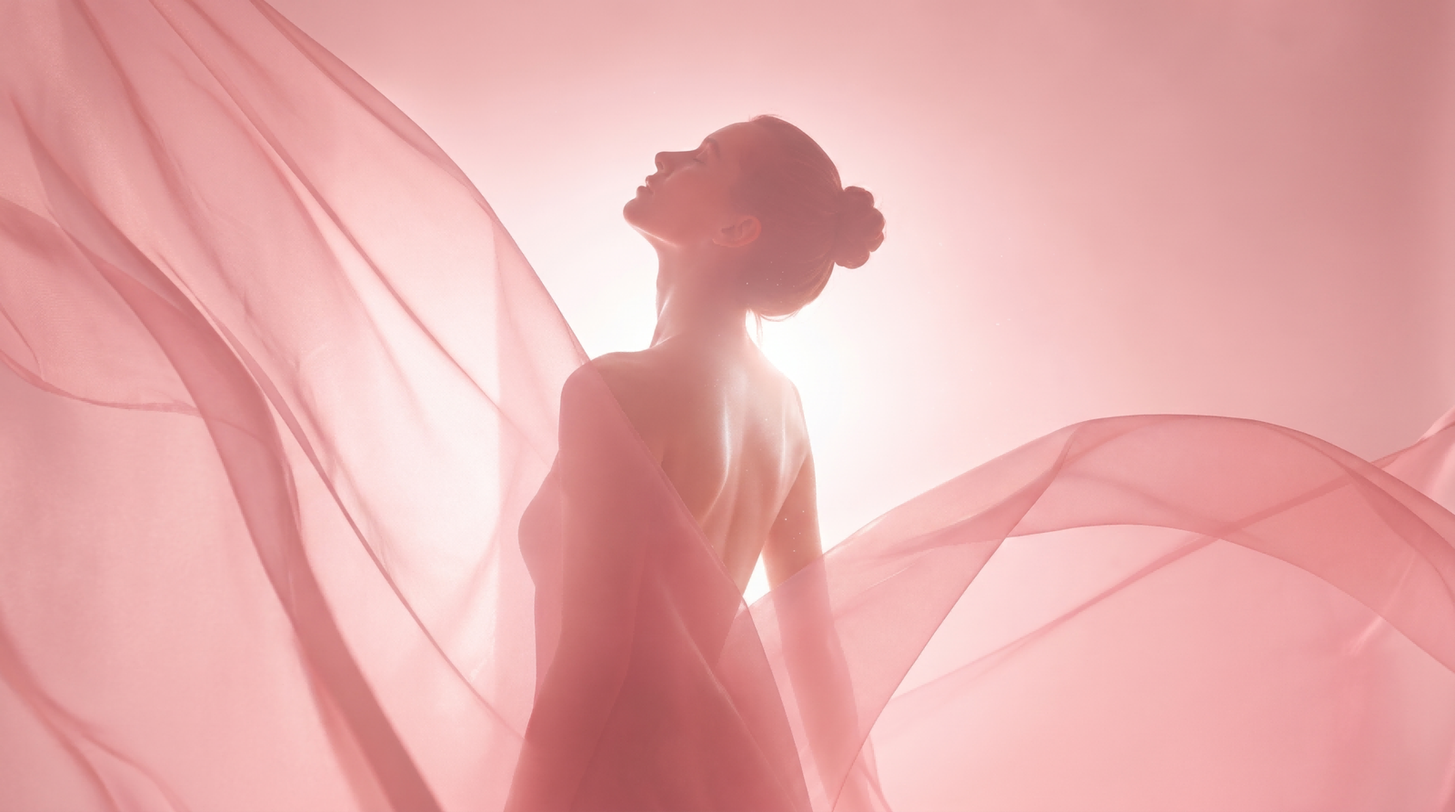Woman surrounded by flowing pink fabric in soft light