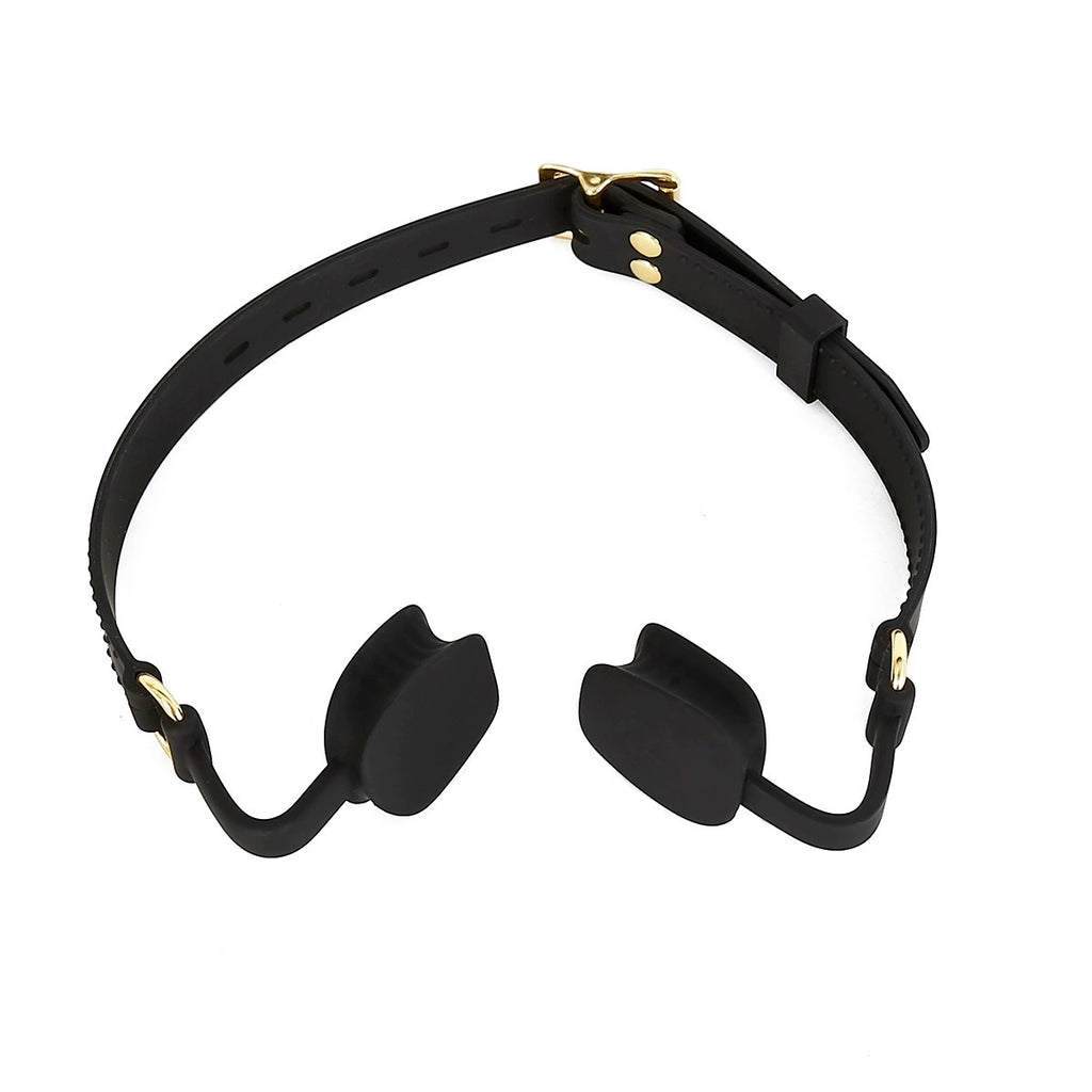 Black silicone open mouth gag with an adjustable buckle strap