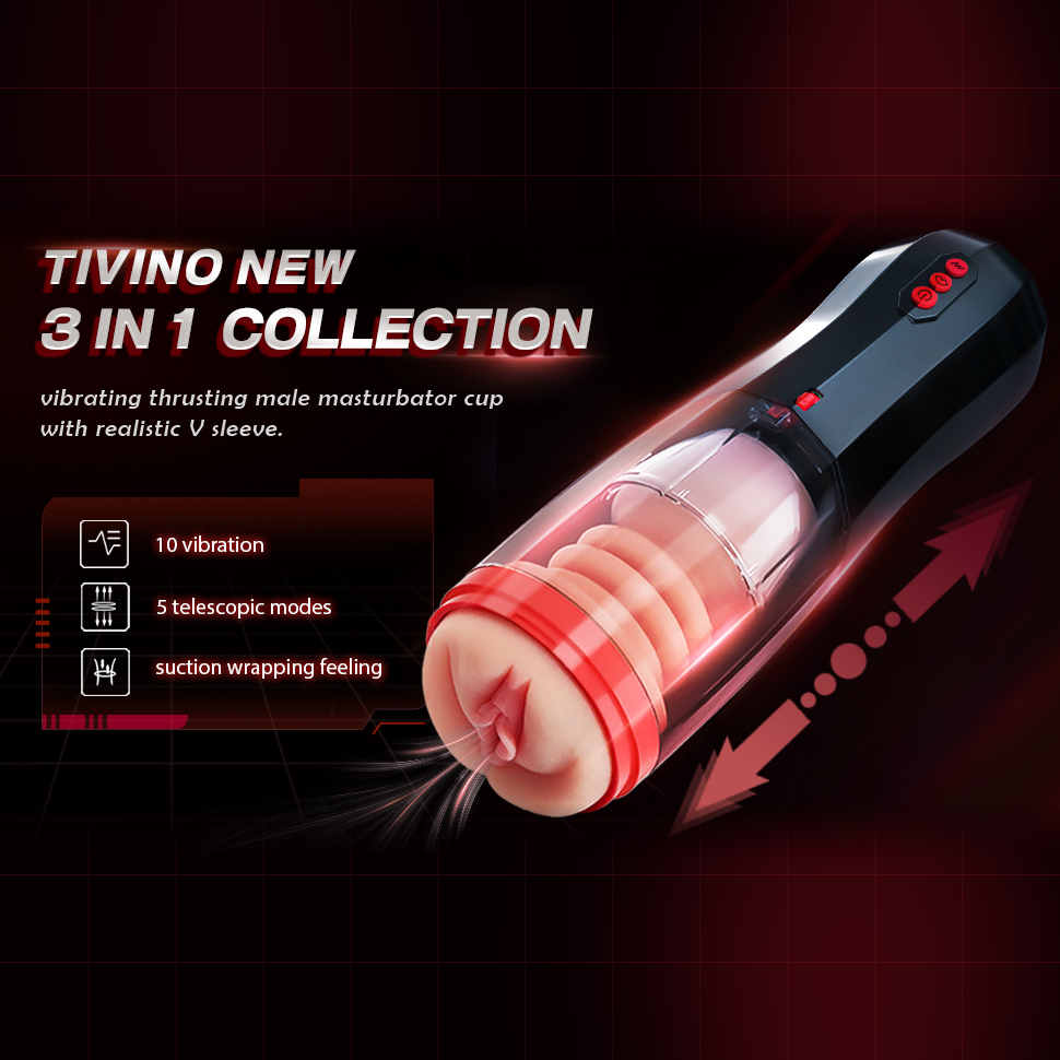 Three-in-one vibrating, thrusting, and telescopic male masturbator