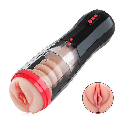Black and red automatic thrusting male masturbator with textured sleeve
