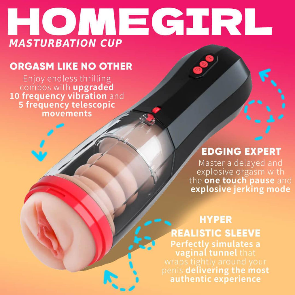 Black and red automatic thrusting male masturbator with feature overview
