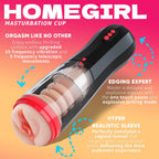 Black and red automatic thrusting male masturbator with feature overview