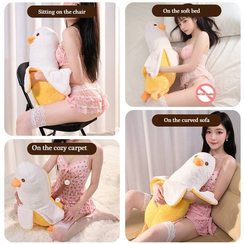 BlissEntry banana duck plush sex toy shown in chair bed carpet and sofa positions