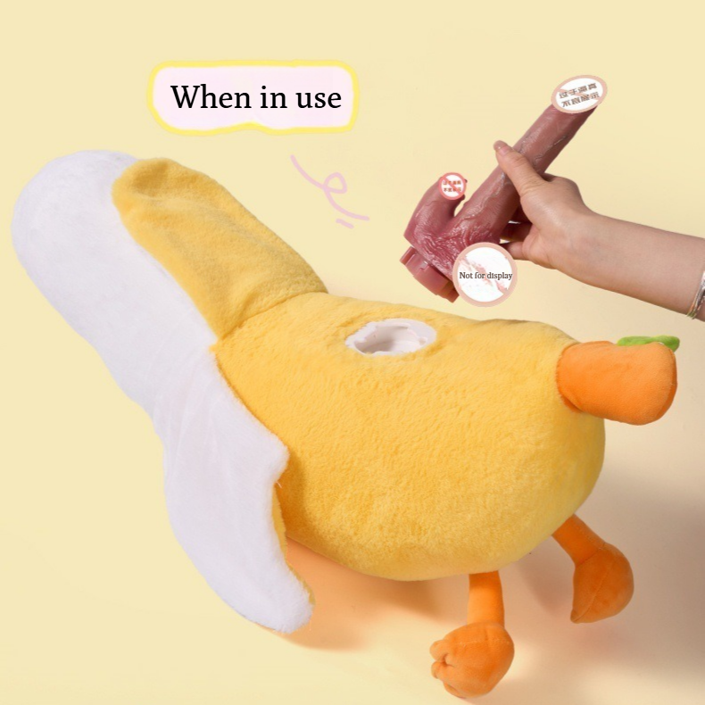 BlissEntry banana duck plush sex toy showing insertion of the removable dildo