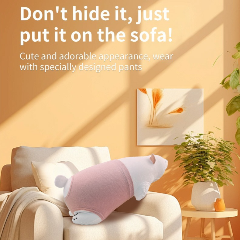 White bear plush pillow with pink pants displayed discreetly on a sofa