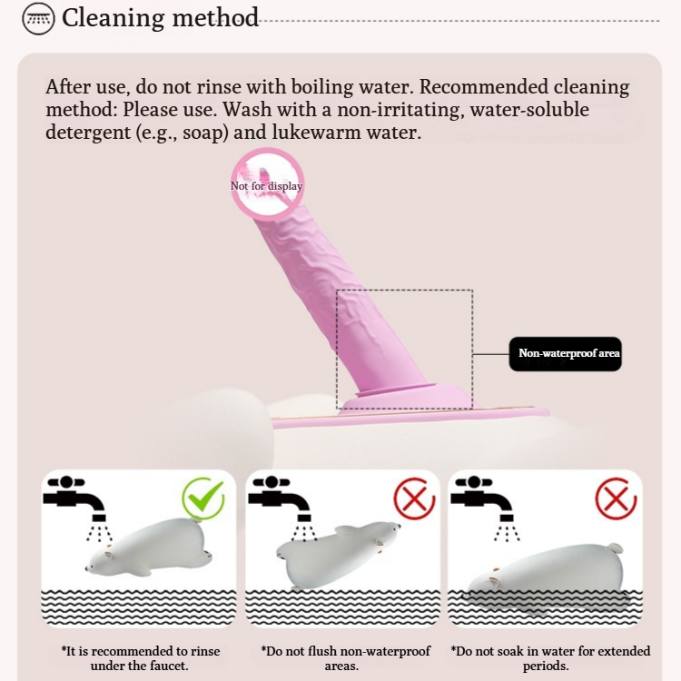 Cleaning guide showing which parts of the bear plush sex machine can be rinsed