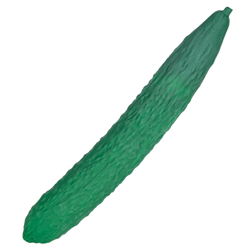 Angled view of long green textured cucumber-shaped silicone dildo