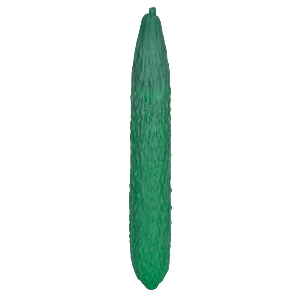 Front view of long green textured cucumber-shaped silicone dildo