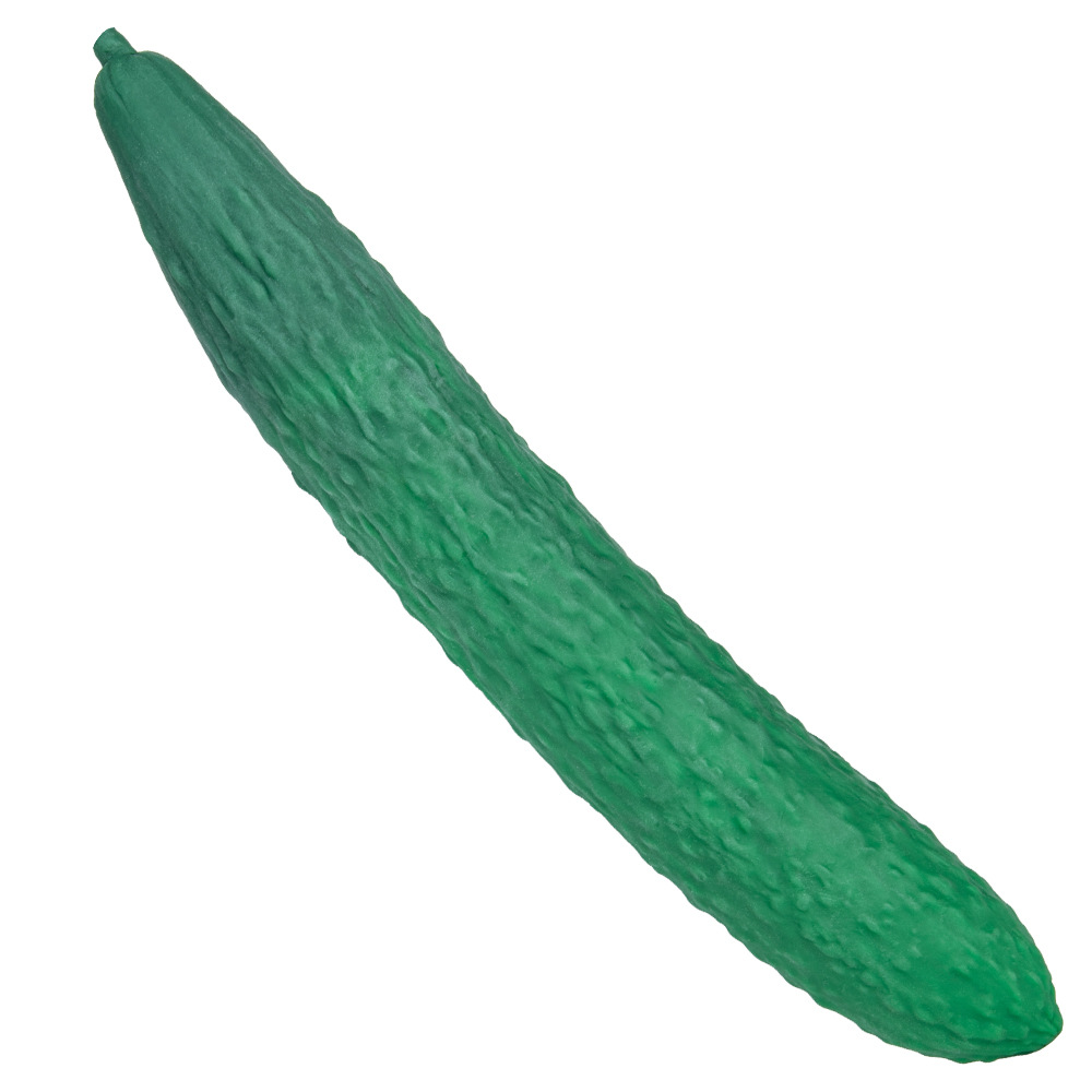 Long green textured cucumber-shaped silicone dildo on white background