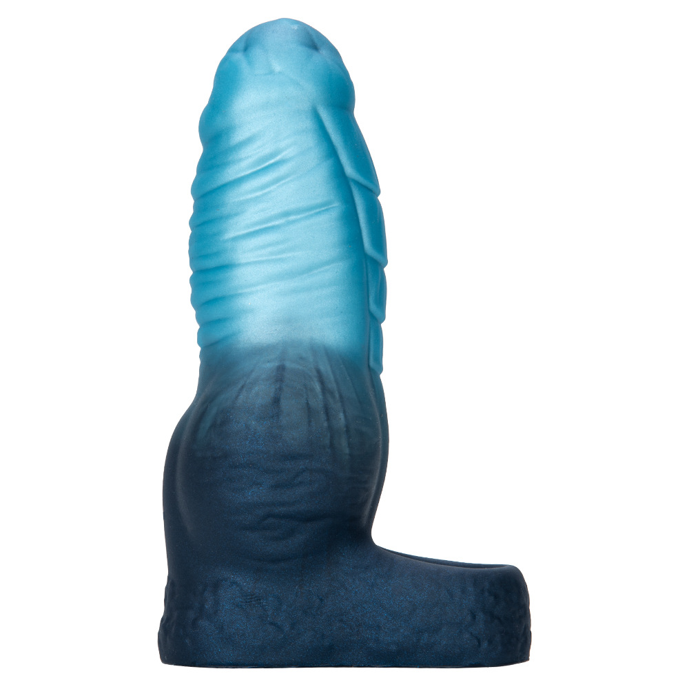 Angled side view of blue gradient ribbed silicone fantasy dildo