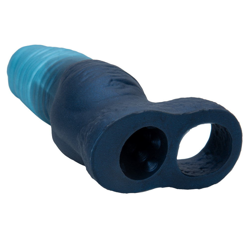 Bottom view of sculpted grip base on blue gradient silicone fantasy dildo