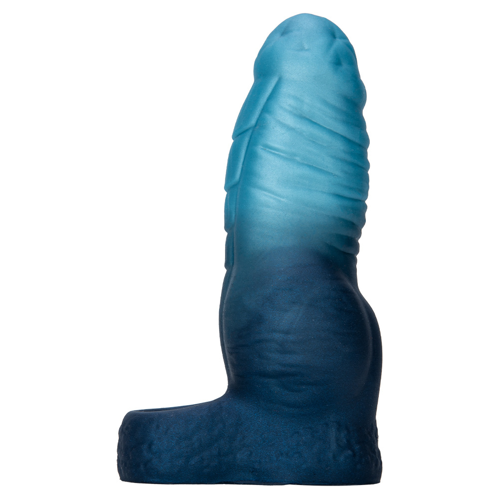 Side view of blue gradient silicone fantasy dildo with sculpted grip base