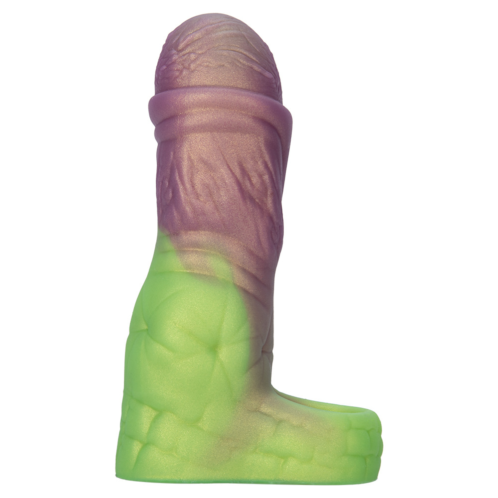Side view of purple and green textured silicone penis sleeve extender
