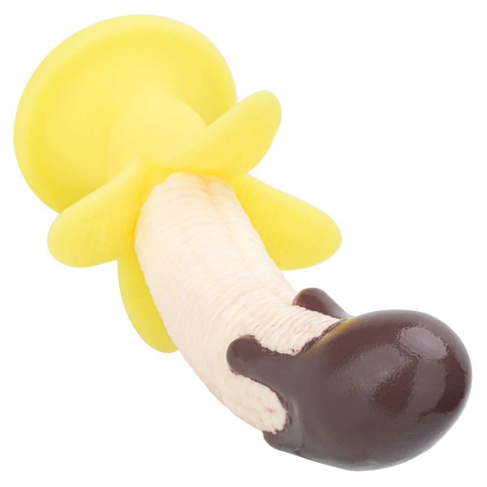 Angled close-up of textured banana-shaped silicone dildo and wide base