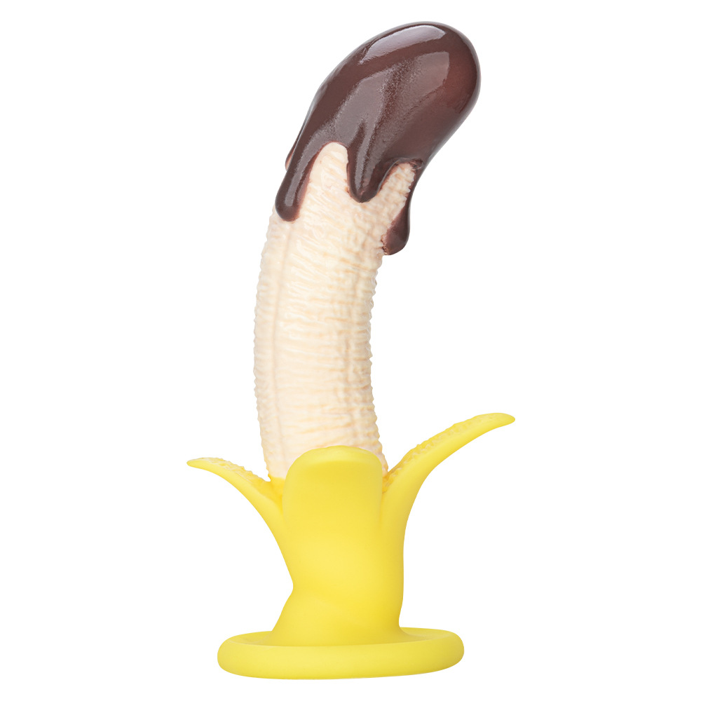 Chocolate-dipped banana-shaped silicone dildo with yellow peel-style suction base
