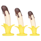 Chocolate-dipped banana-shaped silicone dildo shown in small, medium and large sizes