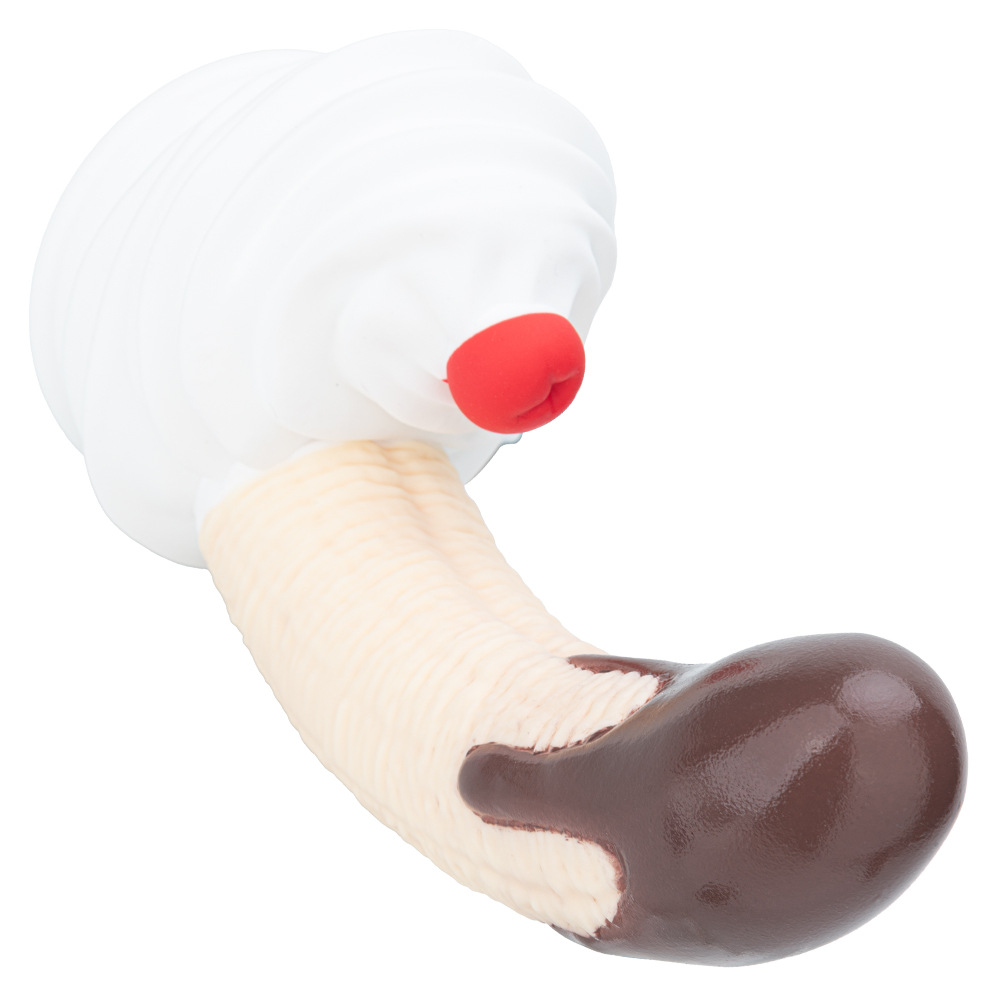 Angled view of curved textured banana silicone dildo with wide suction base