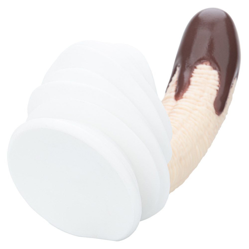 Bottom view of wide white suction base on chocolate banana silicone dildo
