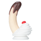 Curved chocolate banana silicone dildo with white soft-serve style suction base
